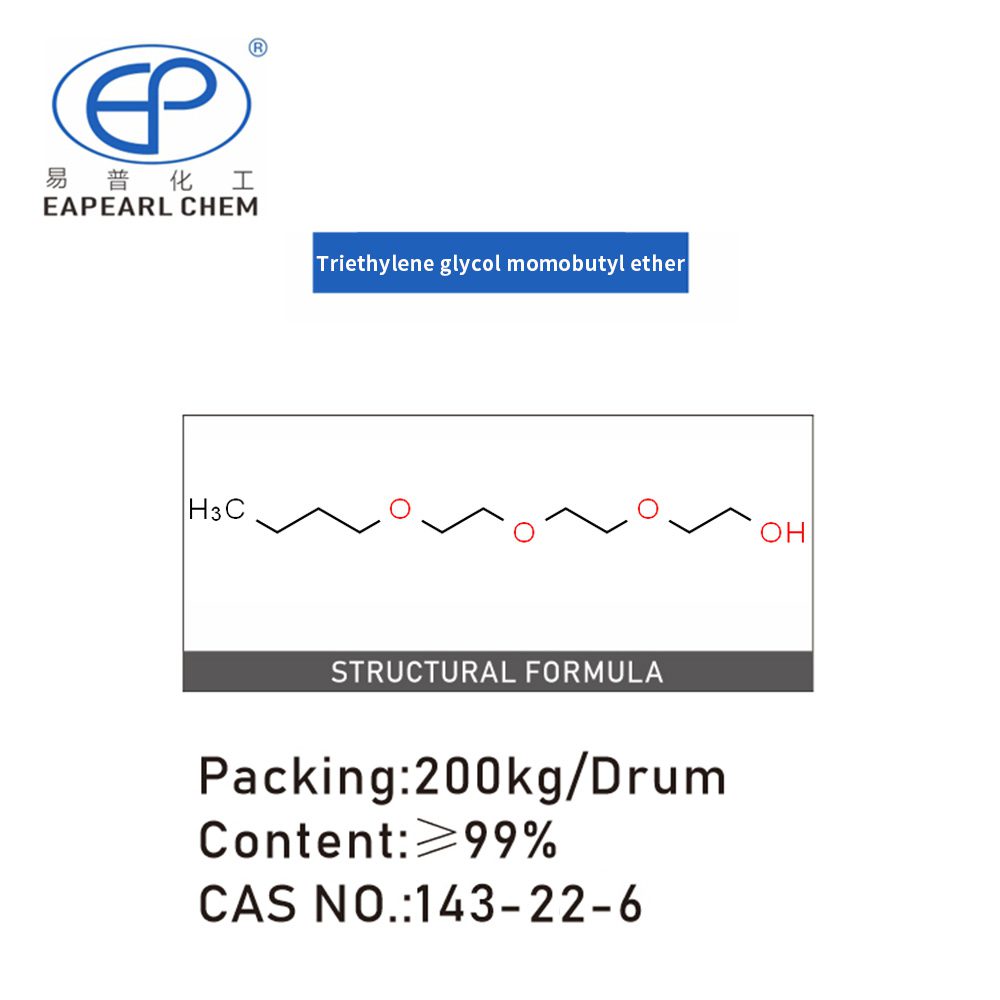 Image displaying the structural formula of Eapearl Chem's Triethylene glycol monobutyl ether, along with packaging and purity details.