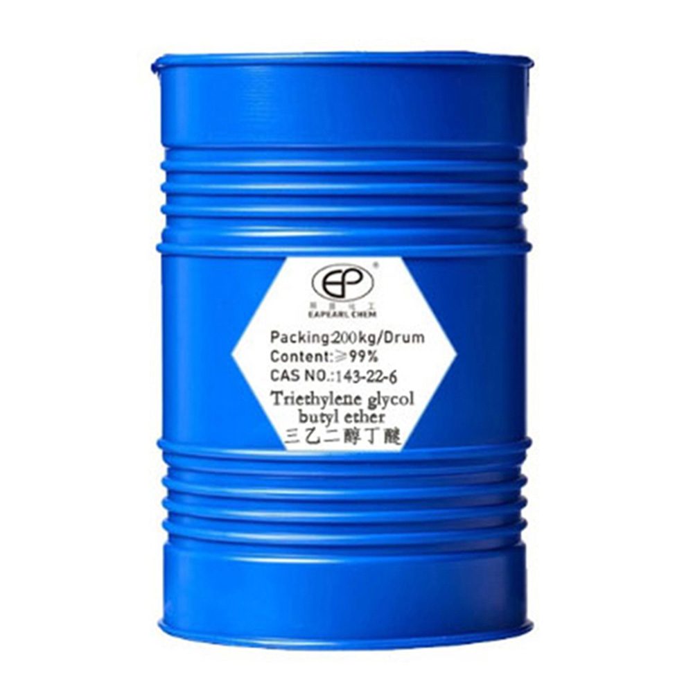 Blue industrial drum labeled with Eapearl Chem's Triethylene glycol butyl ether, packaging and content information.