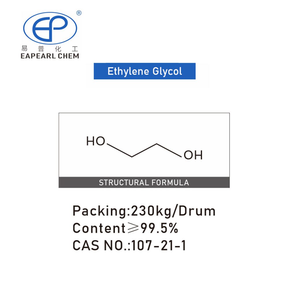 Image displaying Eapearl Chem's ethylene glycol product with its structural formula, packaging details, and CAS number.