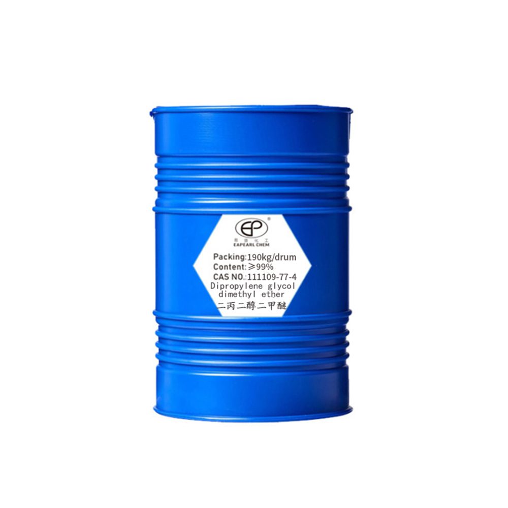 Blue barrel container labeled with Eapearl Chem's Dipropylene glycol dimethyl ether product details.