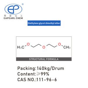 Image showing the molecular structure of Eapearl Chem's diethylene glycol dimethyl ether, with details on packaging and purity.