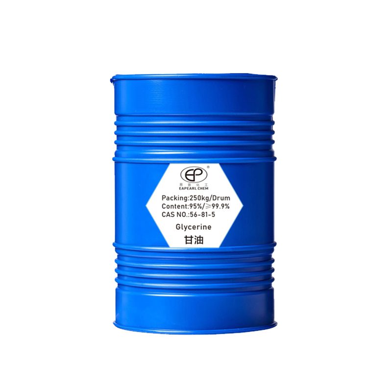 Blue barrel marked with Eapearl Chem's branding, containing glycerin, with details on packaging and content purity.