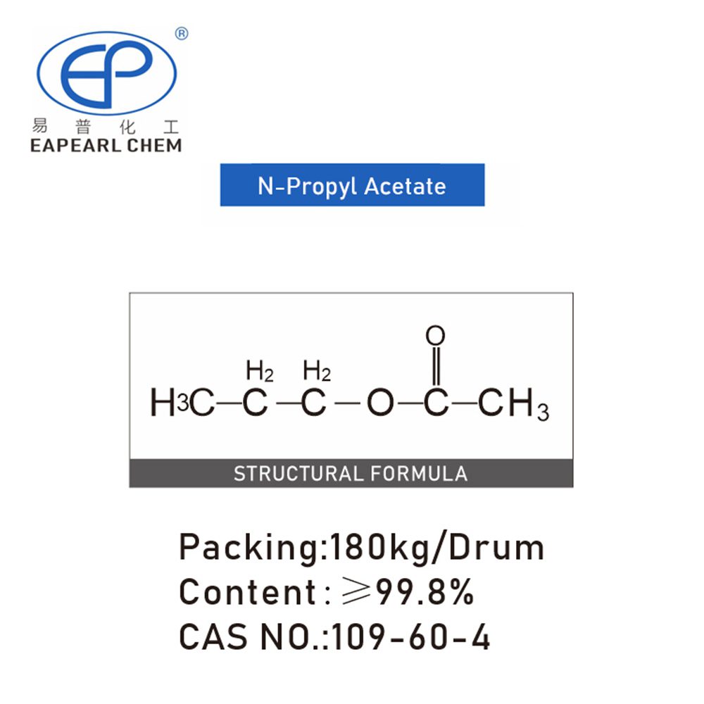 Image featuring the molecular structure of Eapearl Chem's n-propyl acetate, with packaging and chemical purity details.