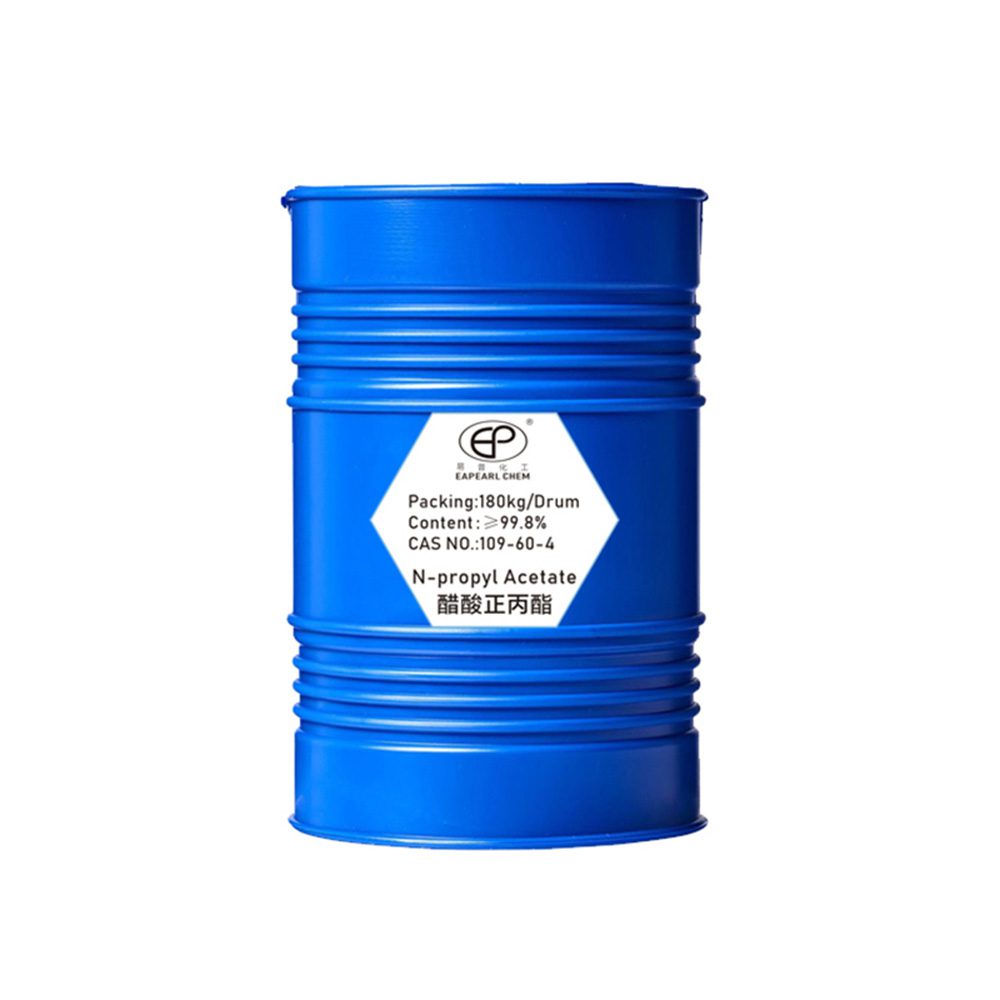 Blue barrel of Eapearl Chem's n-propyl acetate with product specifications and CAS number displayed on the label.