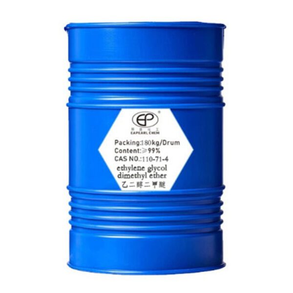 Blue barrel container labeled with Eapearl Chem's ethylene glycol dimethyl ether product information.