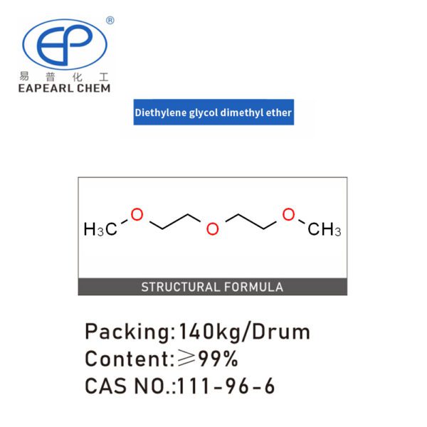 Image showing the molecular structure of Eapearl Chem's diethylene glycol dimethyl ether, with details on packaging and purity.