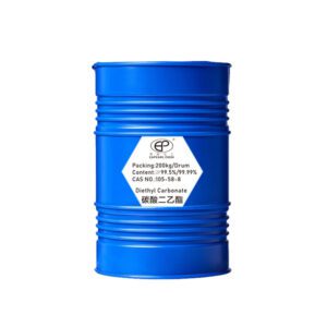 Blue barrel containing Eapearl Chem's diethyl carbonate, labeled with product information.