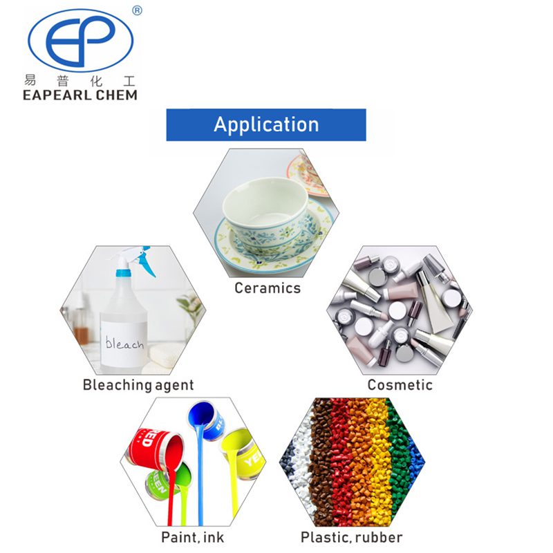 Infographic showing applications of titanium dioxide by Eapearl Chem, including in ceramics, cosmetics, bleaching agents, paints, inks, plastics, and rubber.