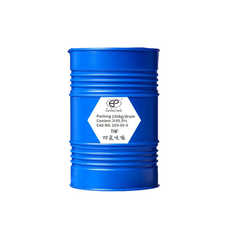 Eapearl's THF (Tetrahydrofuran) in a 180kg blue drum, with a content purity of >99.9%, CAS NO: 109-99-9.