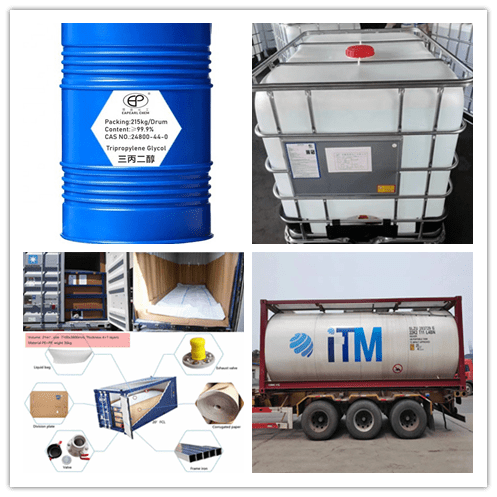 Collage of Eapearl Chemical's tripropylene glycol in various packaging options including drums, IBC totes, flexibags, and tank trucks.