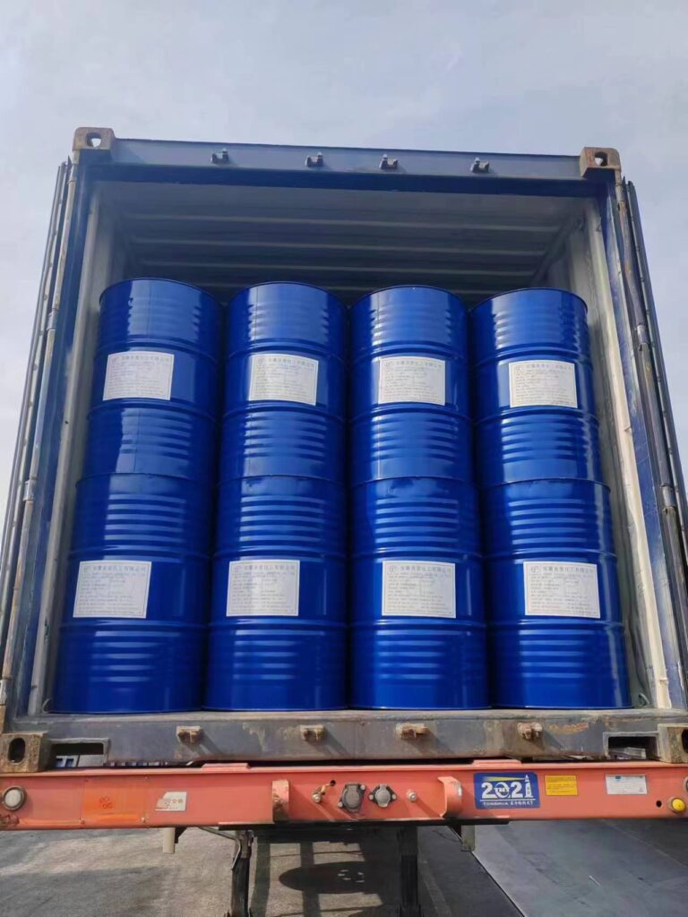 A fully loaded shipping container with rows of blue industrial barrels from Eapearl Chem, ready for export.