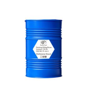 Blue industrial drum labeled with Eapearl Chem branding and Diethylene Glycol (DEG) product information.