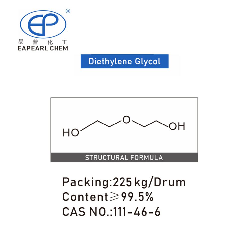 Image of the molecular structure formula for Diethylene Glycol (DEG).