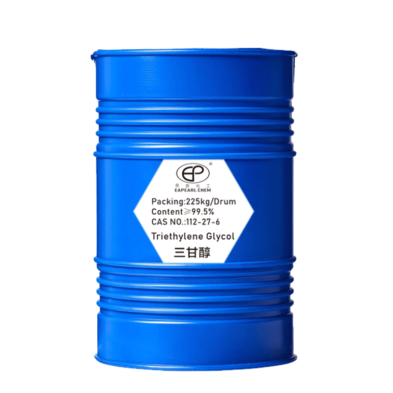 Blue industrial drum labeled Eapearl Chem Triethylene Glycol with product details, used for chemical storage and transport.