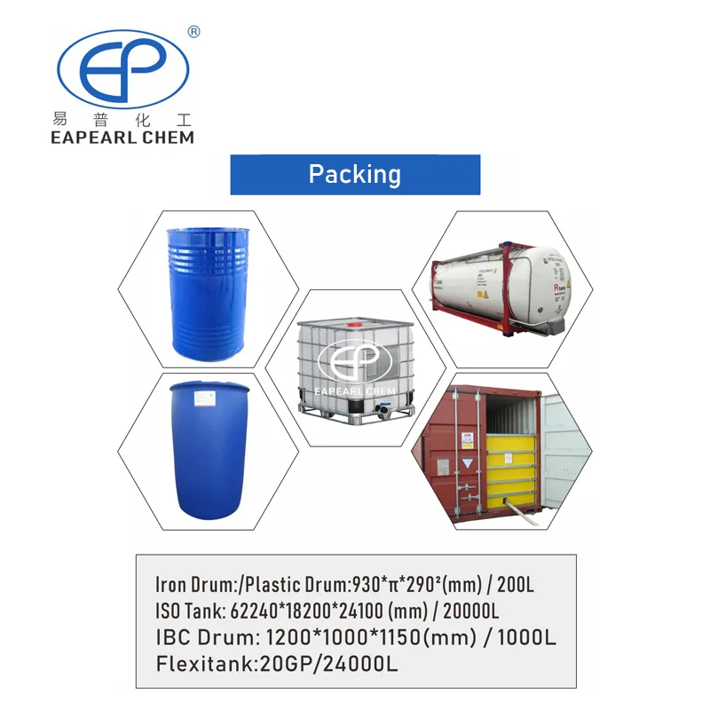 Various packaging options for Eapearl chemical solvents including iron drums, plastic drums, ISO tanks, IBC drums, and flexitanks.