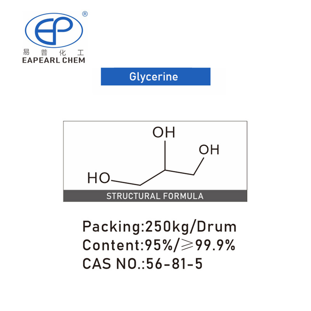 Glycerine molecular structure and packaging details from Eapearl Chem.