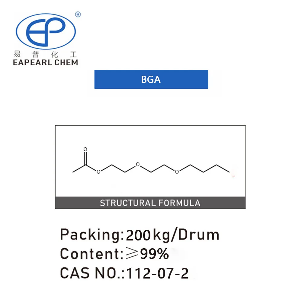 Eapearl Chem's logo above the molecular structure of 2-Butoxyethyl acetate (BGA), with packaging details of 200kg per drum and content purity above 99%, CAS No. 112-07-2.