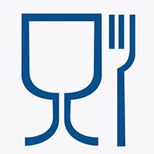 EU food safety symbol featuring a blue wine glass and fork, signifying Eapearl's polylactic acid compliance with EU food contact regulations.