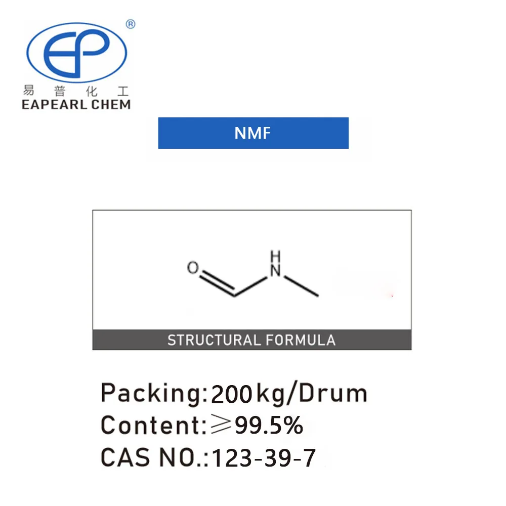 Molecular structure of N-Methylformamide (NMF) with packaging details of 200kg per drum and content purity over 99.5%, CAS No. 123-39-7, displayed above Eapearl Chem logo.