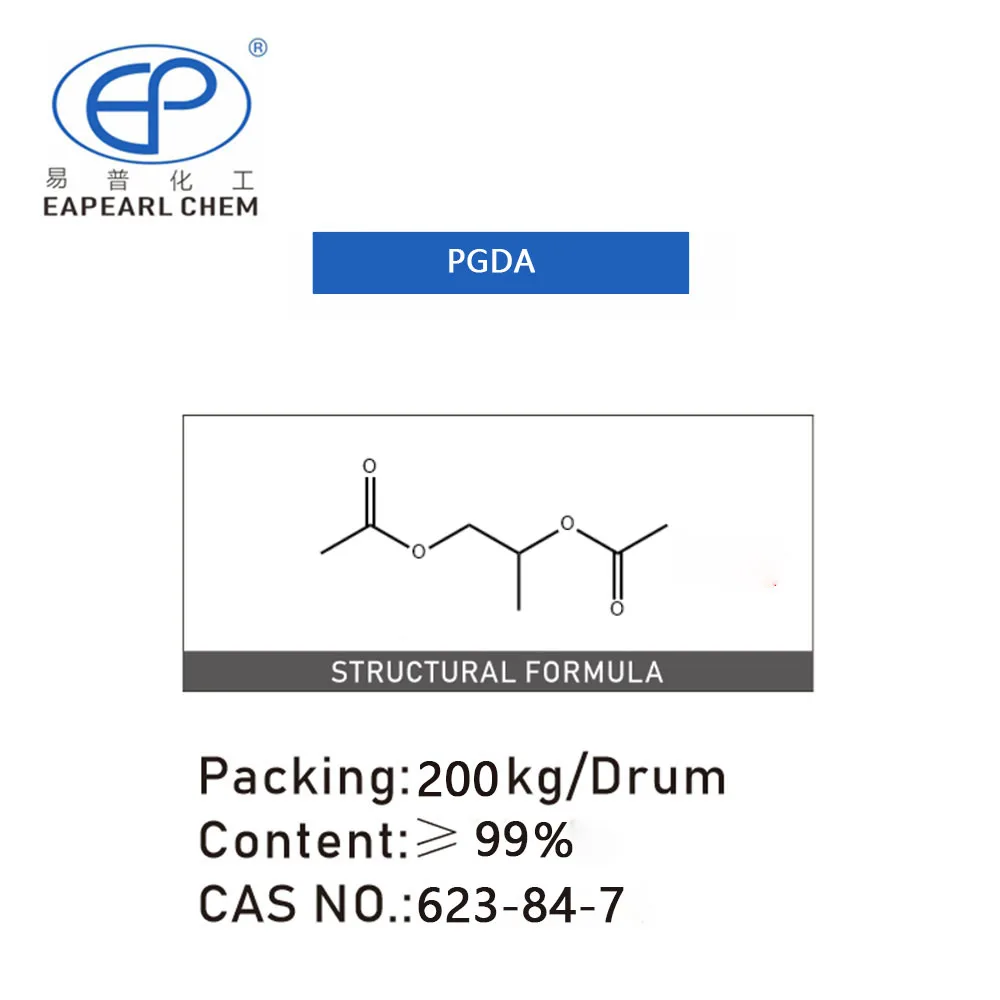 Molecular structure of 1,2-Propylene Diacetate (PGDA) with packaging information indicating a 200kg drum and content purity of over 99%.