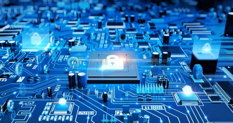 Digital illustration of a circuit board, highlighting applications of N-Methyl-2-pyrrolidone (NMP) in electronics for cleaning and maintenance.