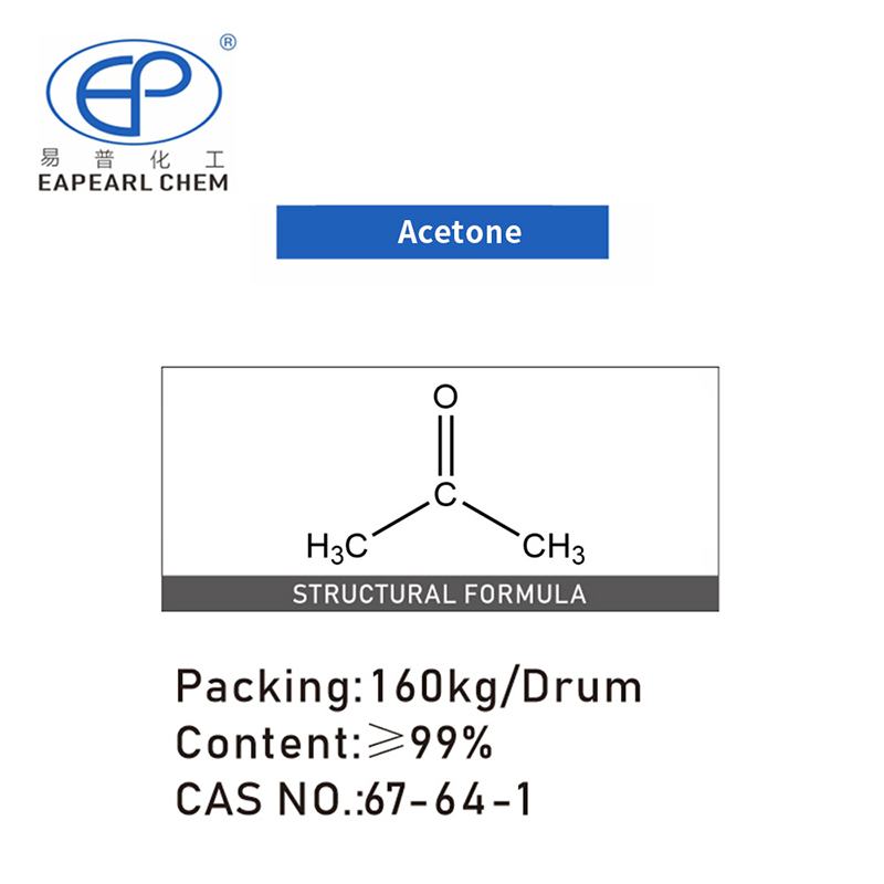 High-purity Acetone molecular formula with packaging details.