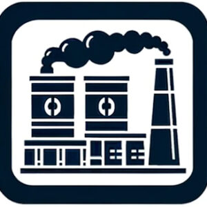 Icon representing industrial production with factory and smokestack.