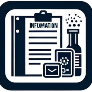 Information icon with clipboard, mobile device, and lab bottle graphics.