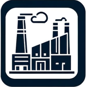 Icon depicting an industrial application with factory buildings and chimneys.