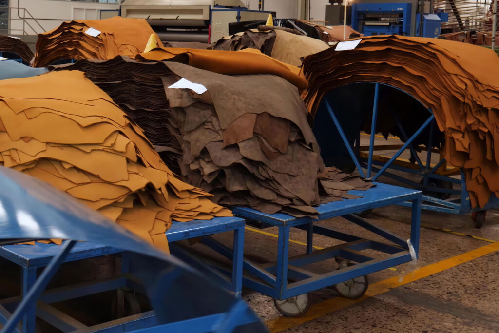 Piles of tanned leather in various shades on blue carts, ready for manufacturing in the leather industry.