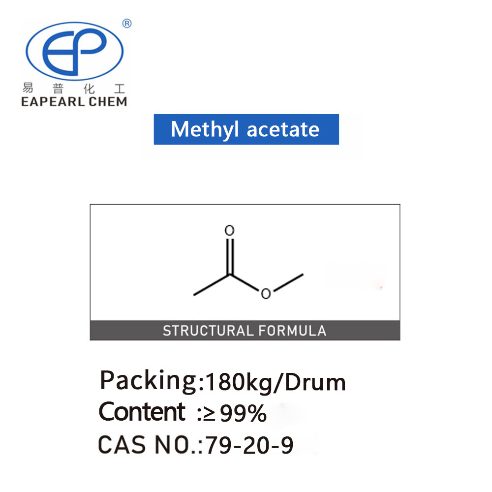 Molecular structure of Methyl acetate, packaging and content details, with the brand Eapearl Chem logo.